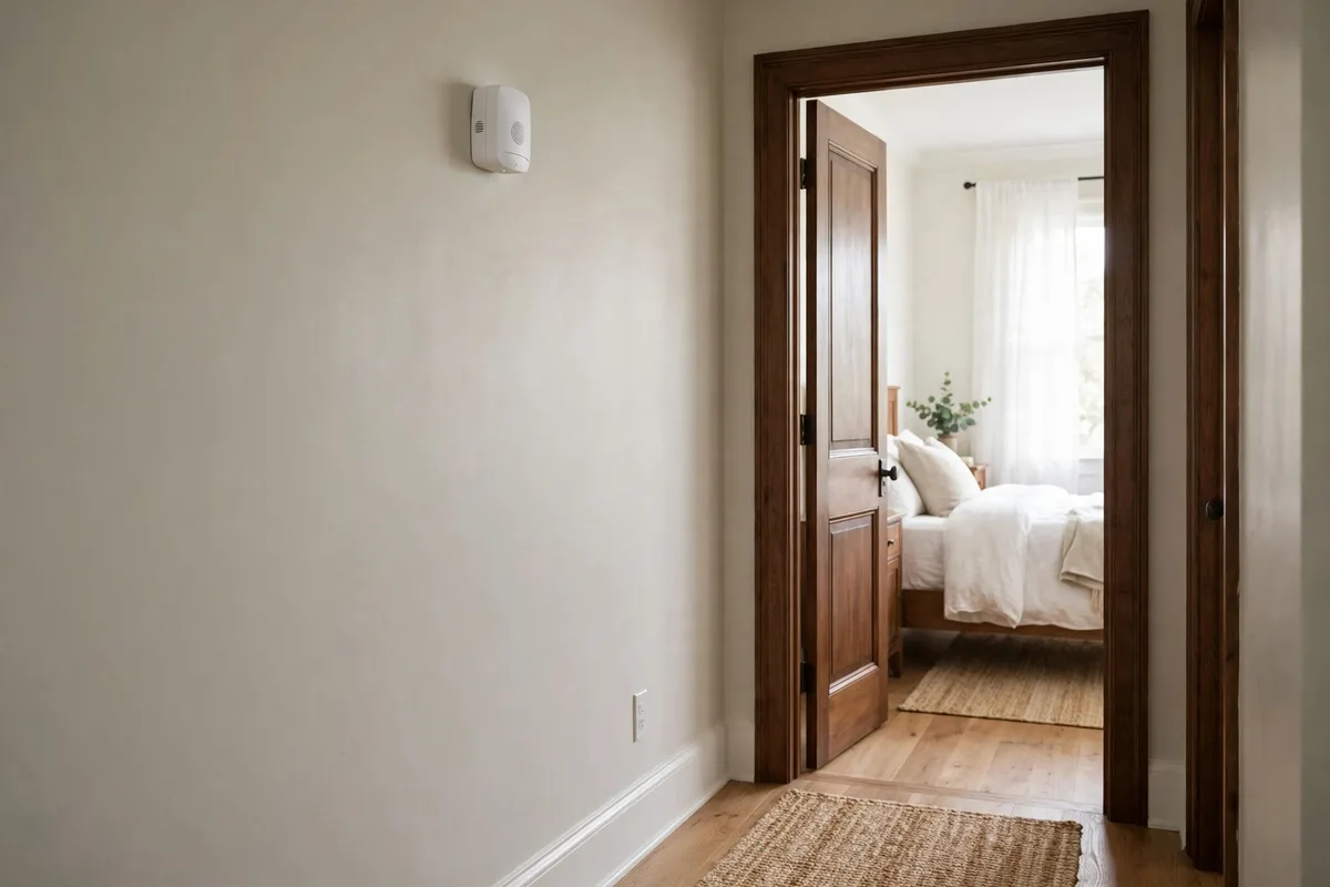 White carbon monoxide detector mounted on a hallway wall near a bedroom door