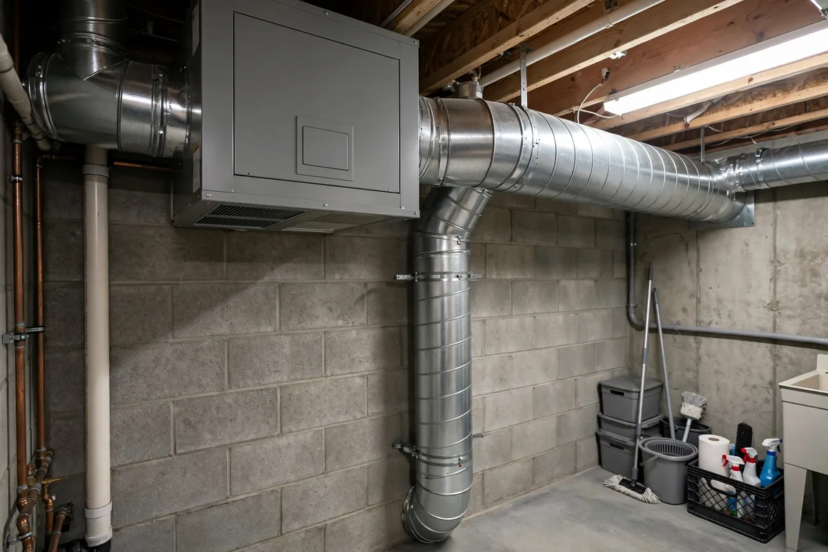 Ventilation unit mounted on a basement wall with round metal ducts running from it