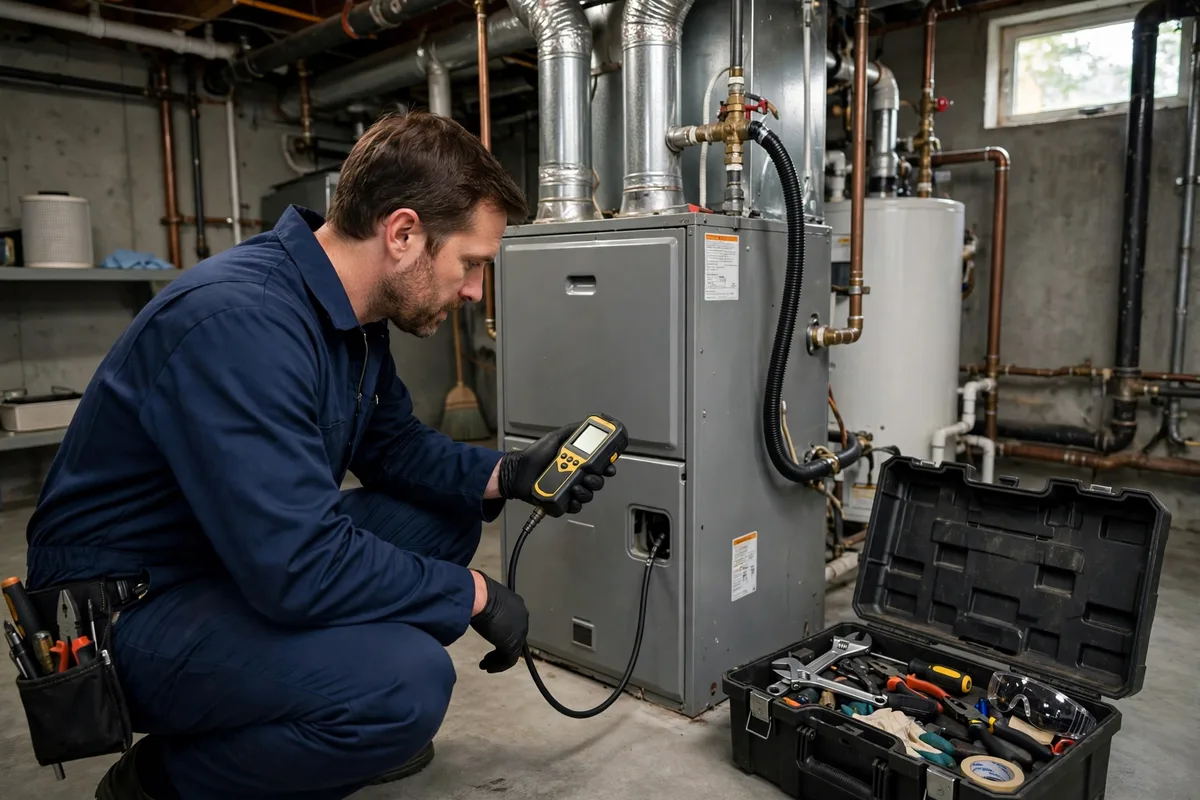 HVAC technician in a navy uniform testing a gas furnace with a handheld meter beside an open toolbox