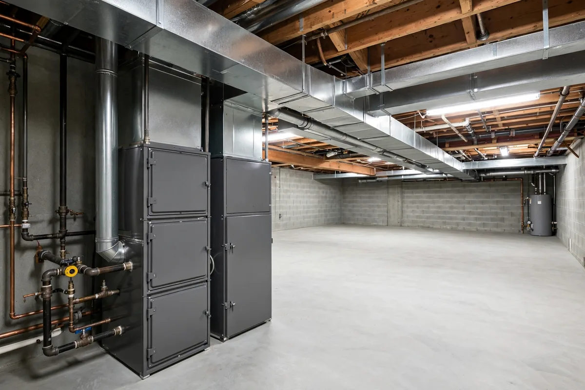 Two large furnace units in a spacious basement utility room with ductwork overhead