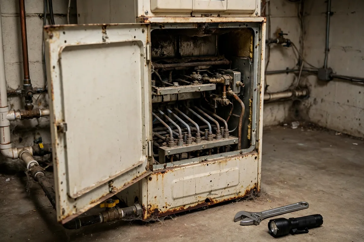Old furnace with its rusted front panel open showing burners, with a wrench and flashlight on the floor