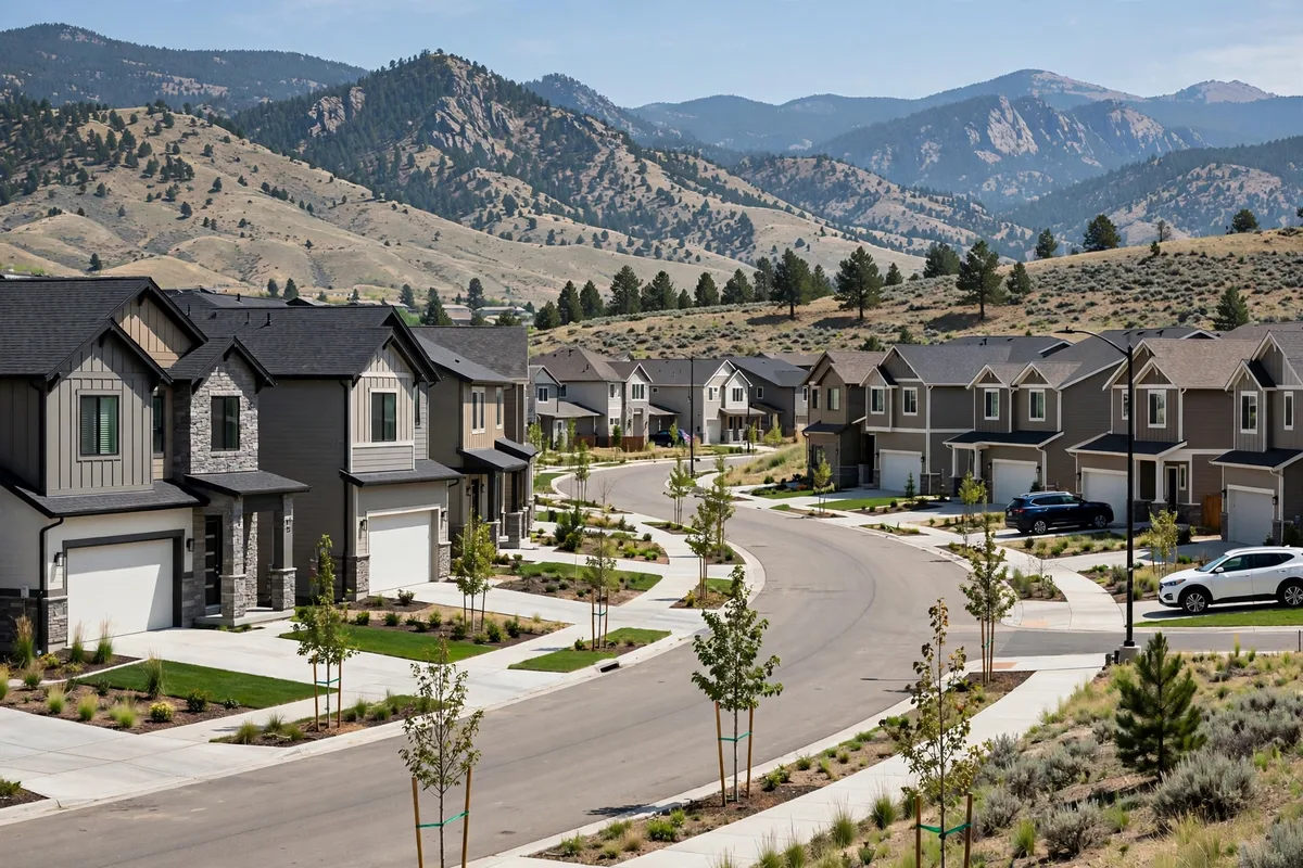 New homes in an Arvada subdivision with foothills behind the neighborhood