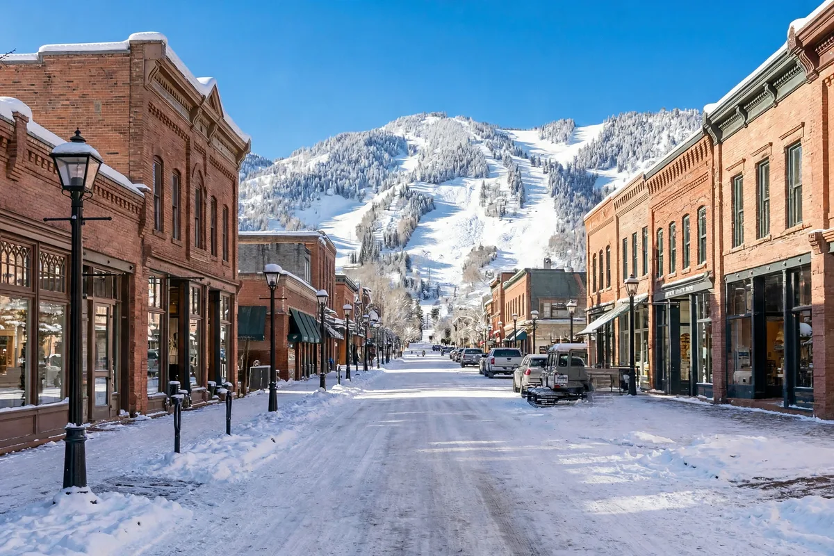 Snowy downtown Aspen street with brick storefronts and ski slopes behind the town