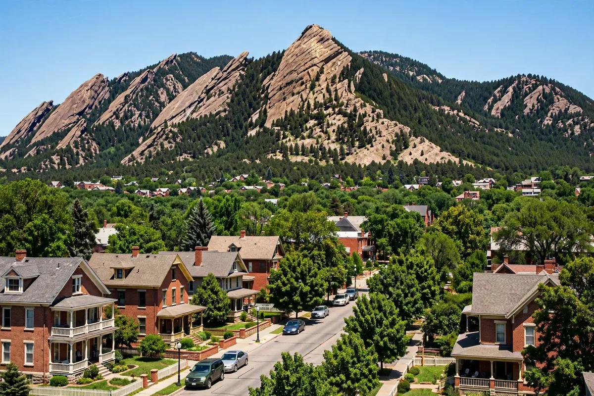 The Flatirons rock formations rising above brick homes and tree-lined streets in Boulder