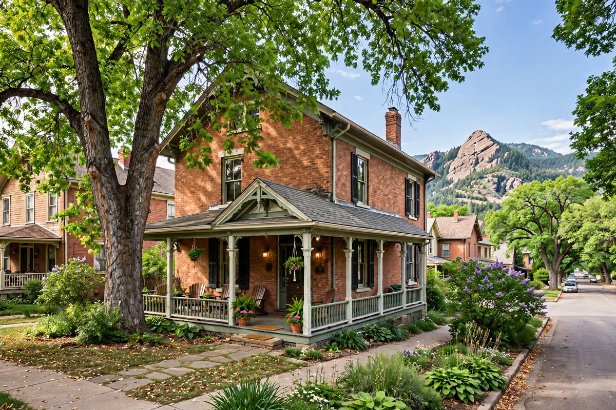 Historic brick home in Boulder with a covered wraparound porch and a Flatiron behind it