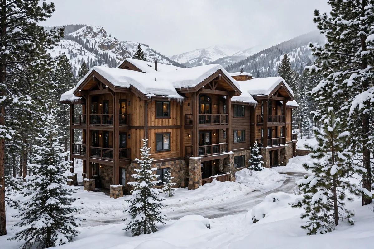 Wood-sided mountain condo building in Breckenridge with snow on the roof and pine trees around it