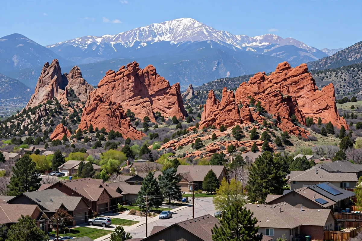 Red rock formations above Colorado Springs homes with a snow-capped peak behind them