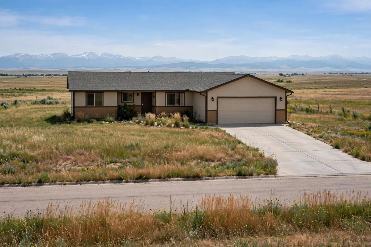 Ranch home in Commerce City on a large prairie lot with mountains behind it