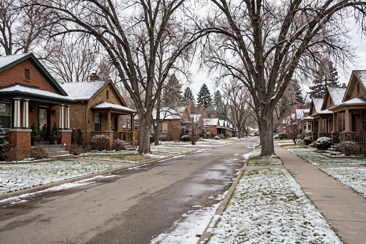 Brick bungalow homes on a snowy Denver street lined with bare trees