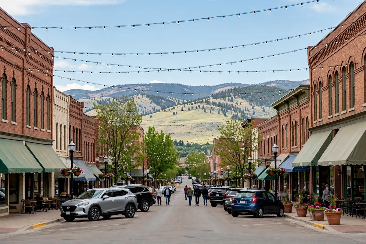 Historic brick main street in Fort Collins with string lights and foothills behind it