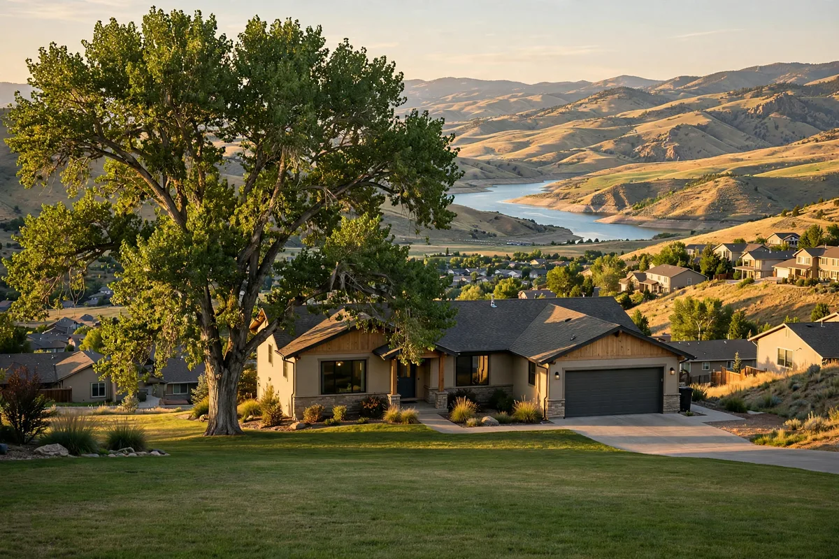 Fort Collins home with a large tree and a reservoir valley in the hills behind it