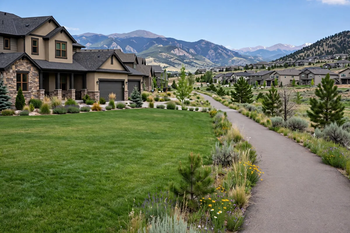 Highlands Ranch home beside a walking trail with mountains behind the neighborhood