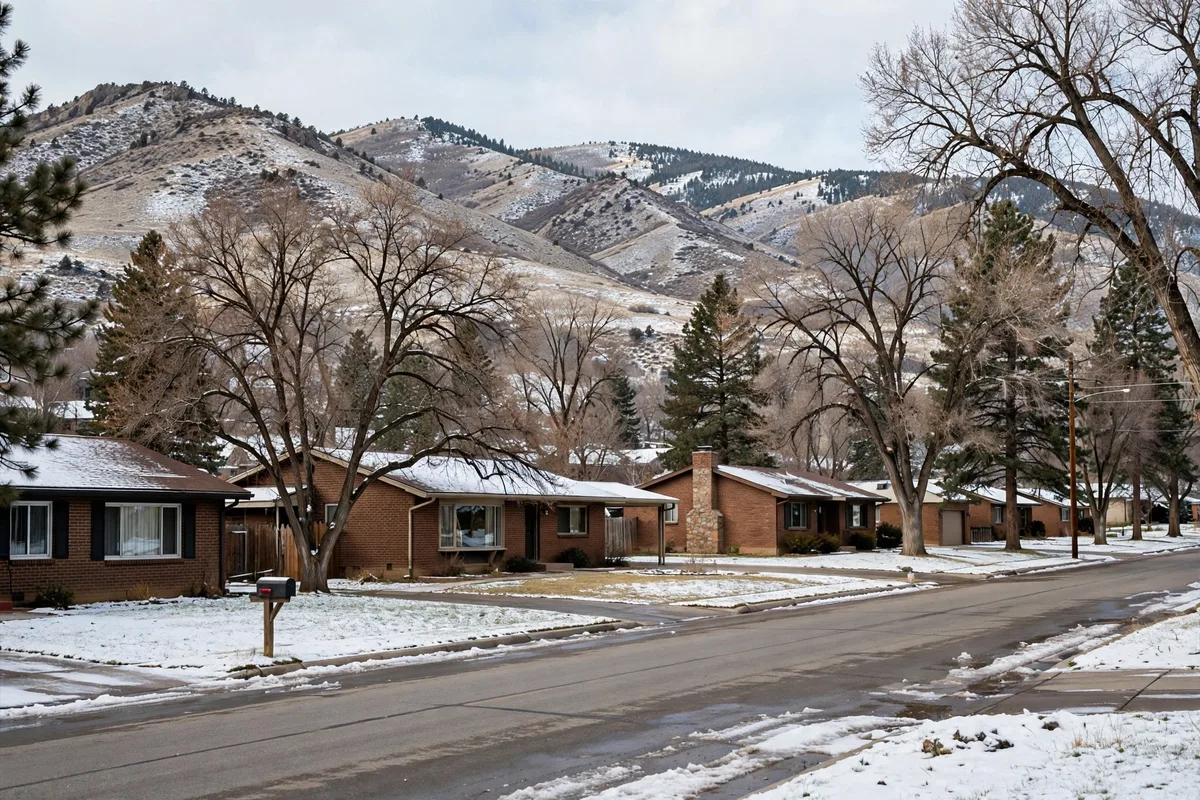 Brick ranch homes on a snowy Lakewood street with foothills behind them
