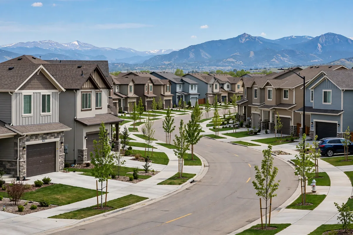 New two-story homes along a curved Thornton street with snow-capped mountains behind them