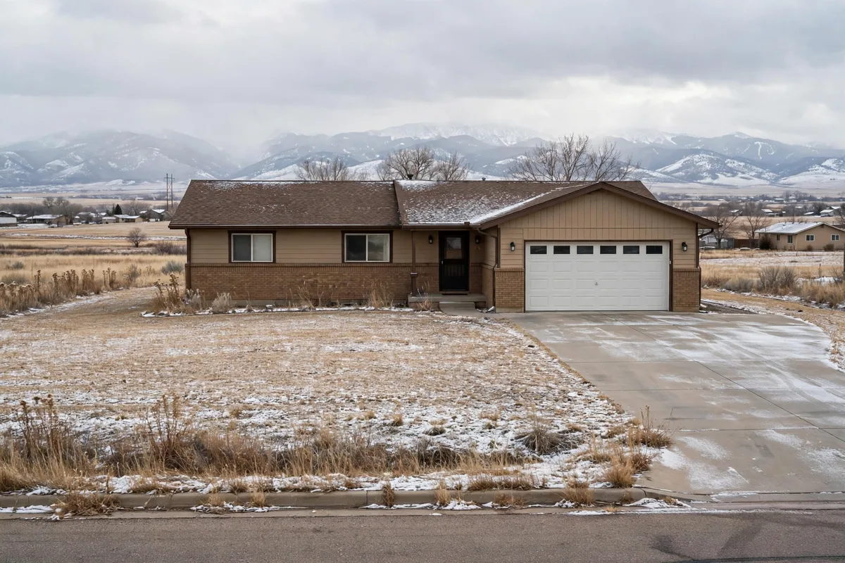 Ranch home in Thornton with a snowy front yard and cloudy mountains behind it
