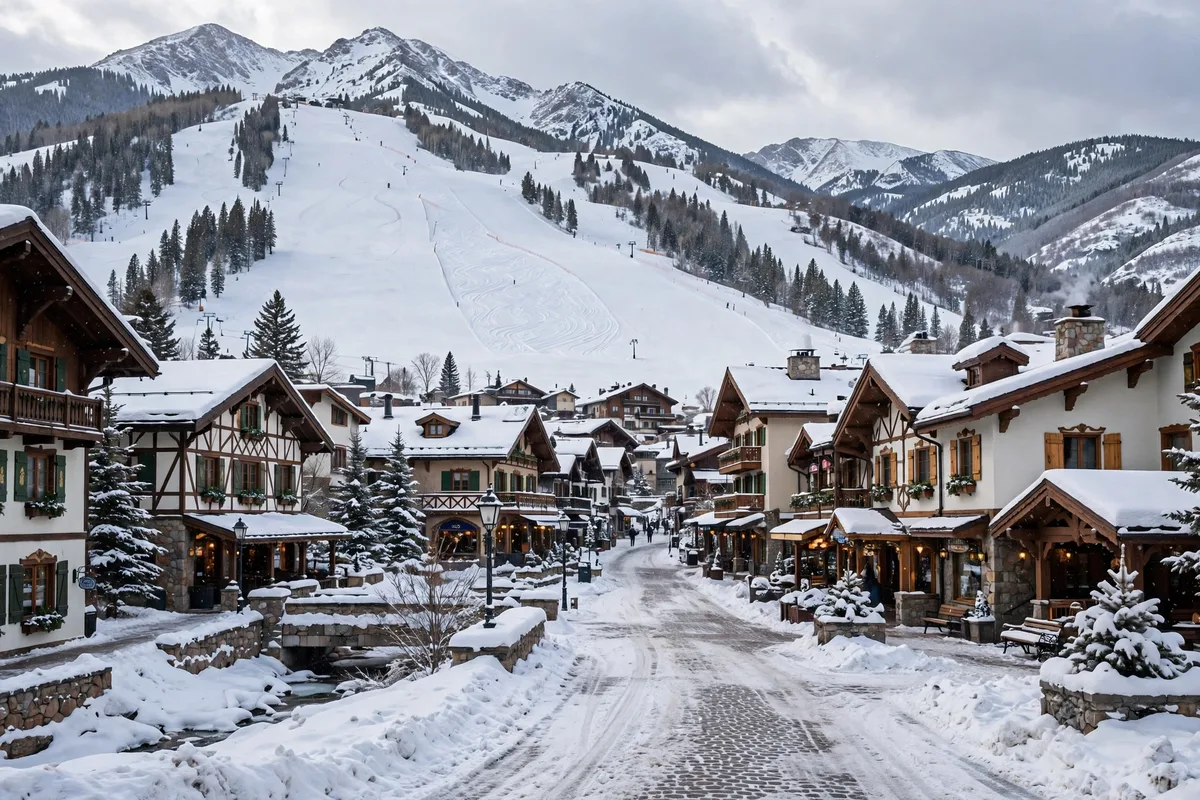 Alpine village in Vail with Bavarian-style buildings and wide ski slopes behind it