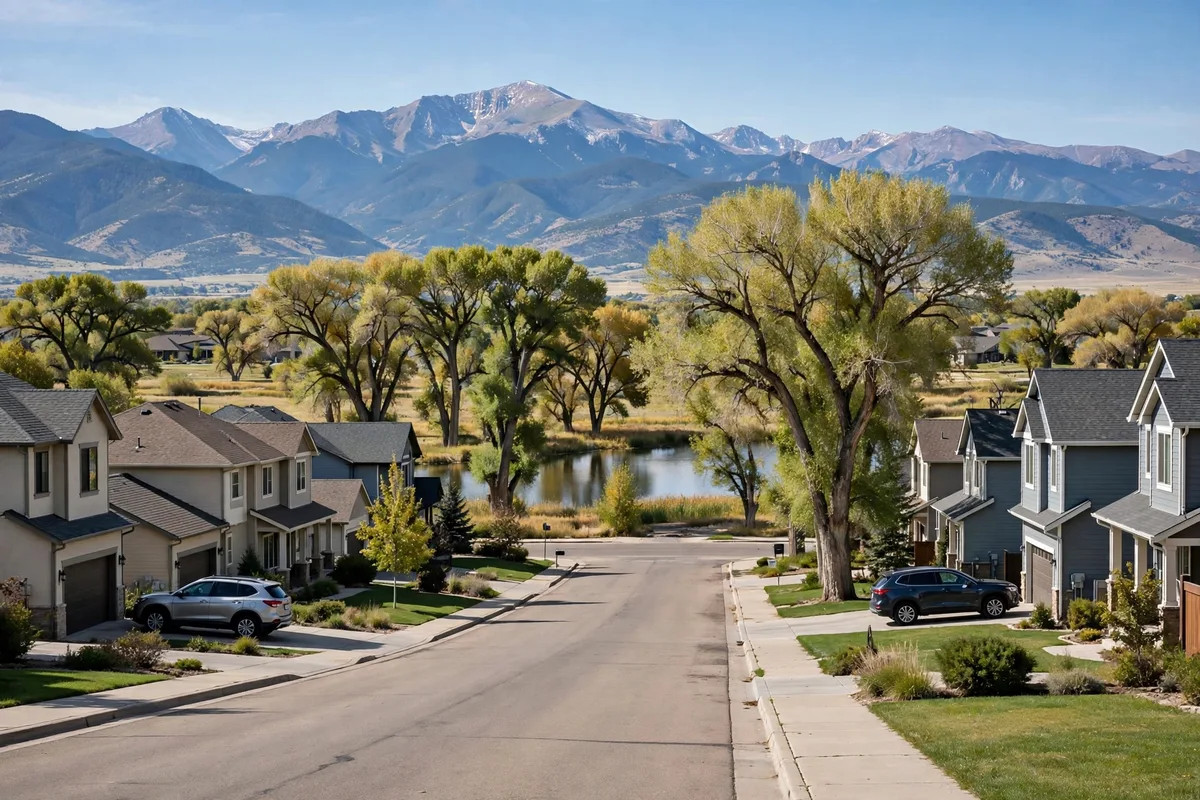 Westminster homes beside a pond with cottonwood trees and mountains behind them