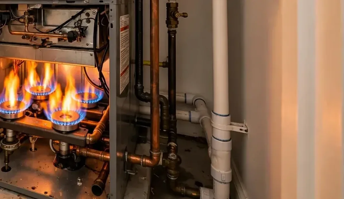 Gas furnace burners lit with blue and orange flames inside an open furnace, with copper pipes beside it
