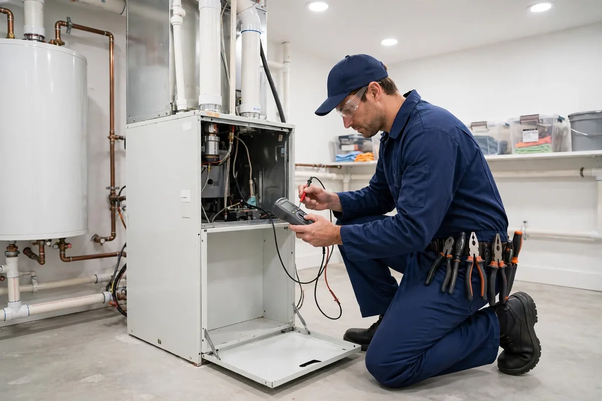 HVAC technician in a navy uniform kneeling beside an open furnace and testing it with a meter