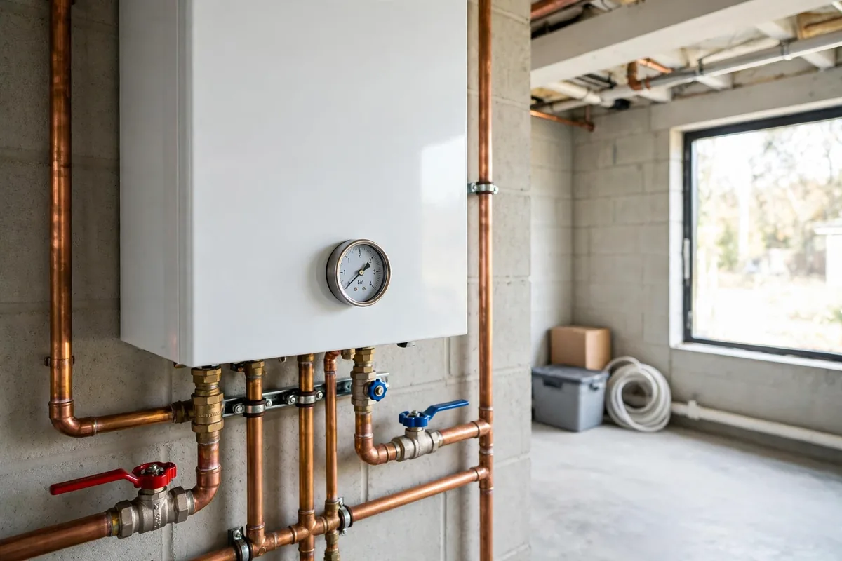 White wall-mounted boiler with a pressure gauge and copper pipes in a basement utility room