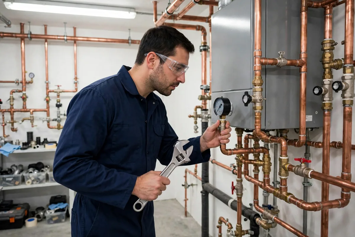 Technician in a navy uniform holding a wrench and checking the pressure gauge on a wall-mounted boiler