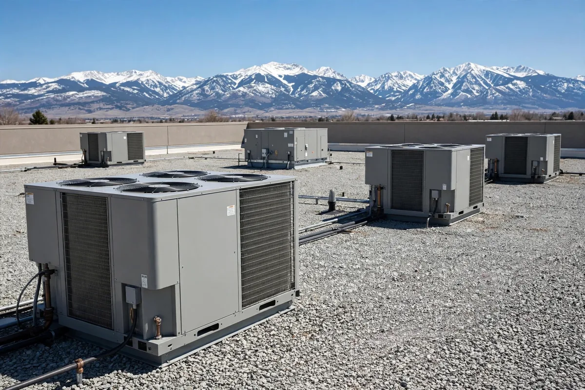 Several large rooftop HVAC units on a flat commercial roof with snow-capped Rocky Mountains behind them