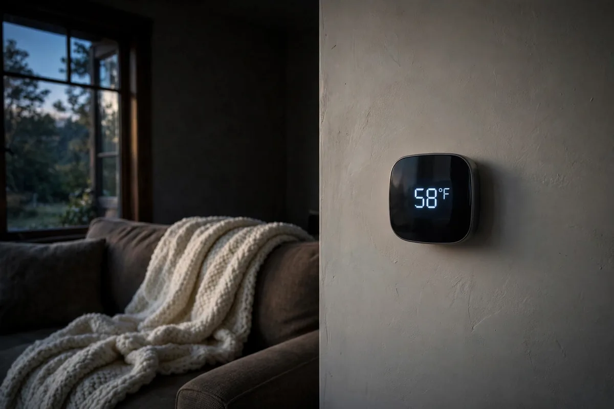 Wall thermostat showing 58 degrees in a dim living room with a blanket draped over the couch