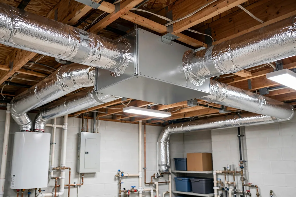 Rectangular ventilation unit mounted between basement ceiling joists with insulated ductwork running from it