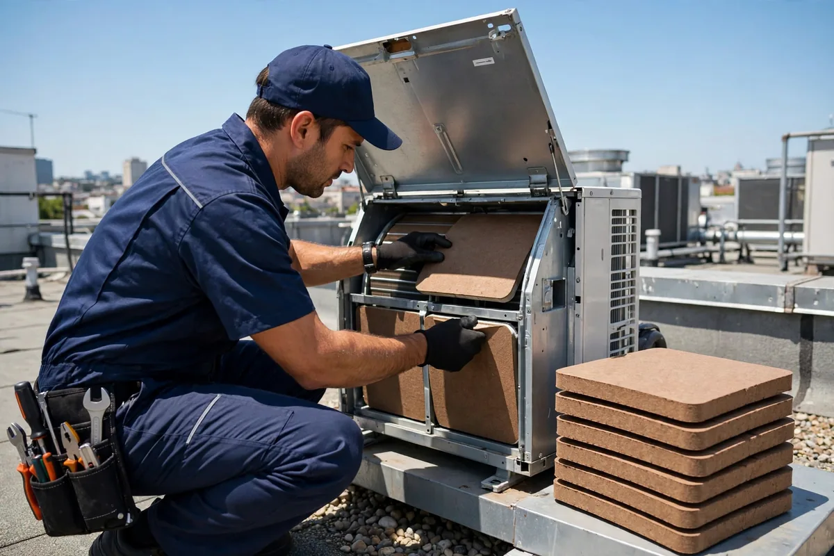 Technician in a navy uniform fitting brown cooling pads into an open rooftop evaporative cooler