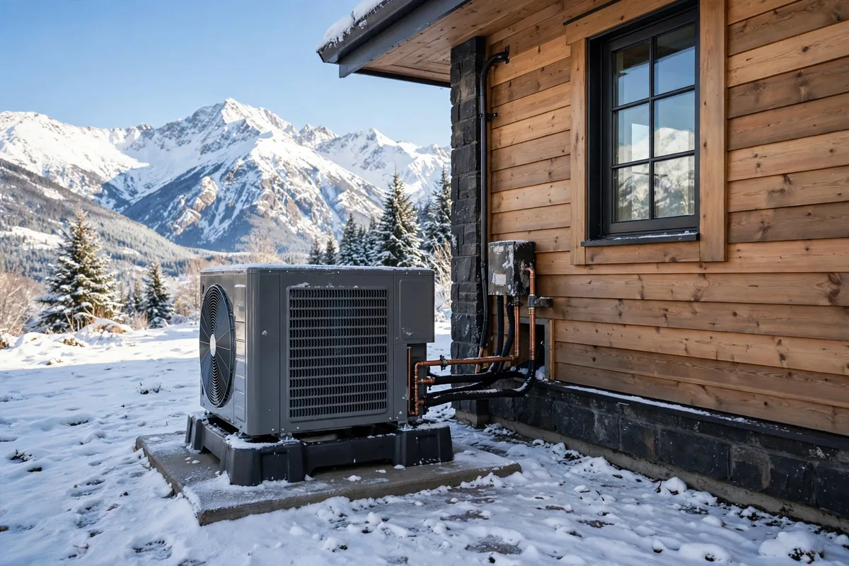 Outdoor heat pump unit beside a wood-sided house with snow on the ground and snow-capped mountains behind it