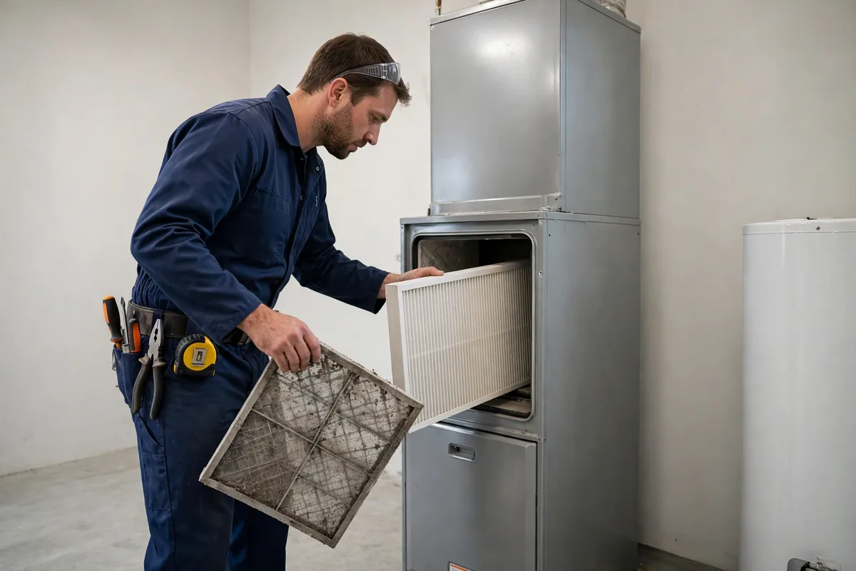Technician in a navy uniform sliding a clean pleated air filter into a furnace while holding the old dusty filter