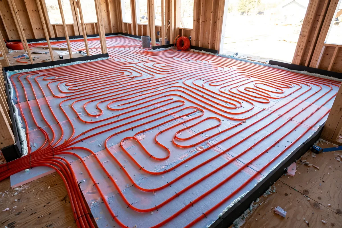 Red radiant floor heating tubing looped across a subfloor in a framed house under construction